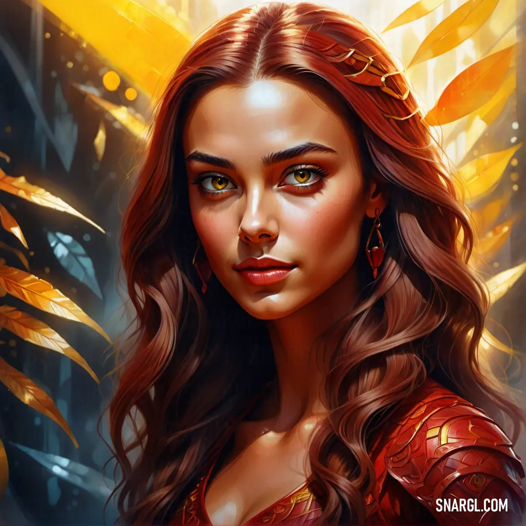 Woman with long hair and a red dress with gold leaves on her shoulders and a golden crown on her head. Example of #6E1B00 color.