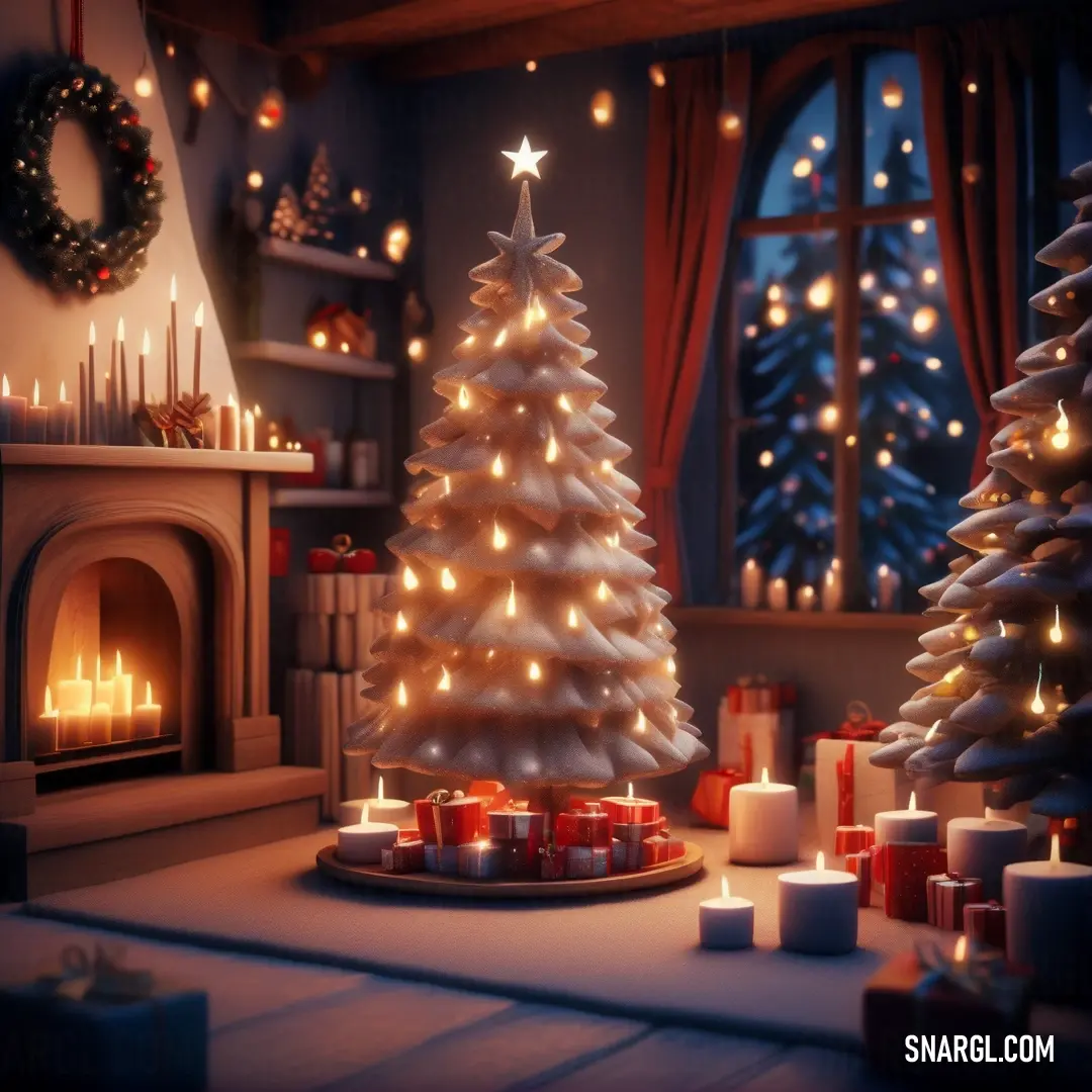 Christmas tree is lit up in a room with candles and a fireplace in the background. Color RGB 114,28,11.