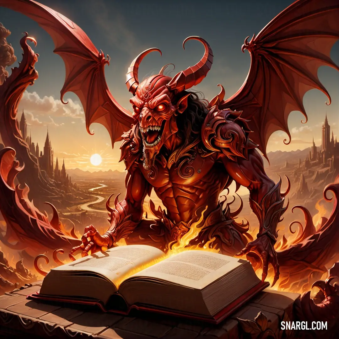 Demonic demon on a ledge with a book in front of him and a fire breathing demon in the background. Color NCS S 5040-Y70R.