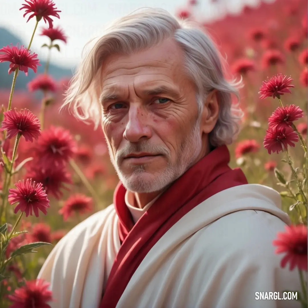 Man with white hair and a red scarf standing in a field of flowers with a mountain in the background. Color #721C0B.