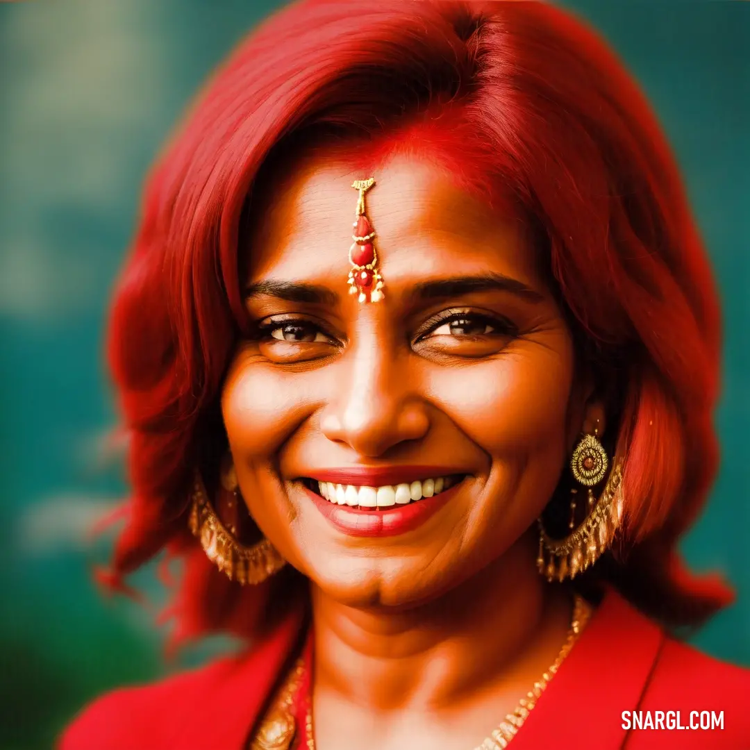 Woman with red hair and a gold necklace and earrings smiles at the camera with a green background. Example of NCS S 5040-Y80R color.