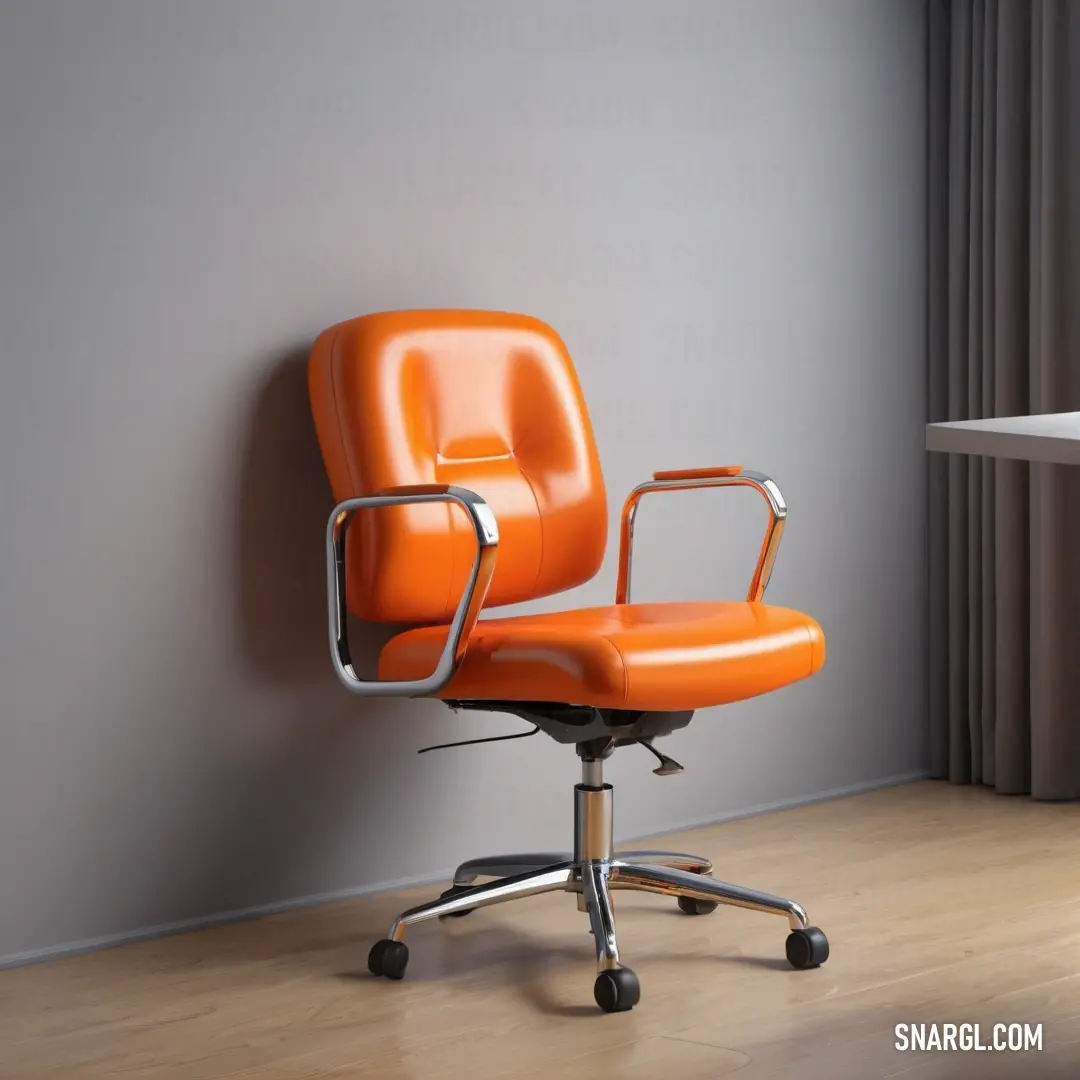 NCS S 5500-N color. Orange office chair against a gray wall in a room with a wooden floor and a window with curtains