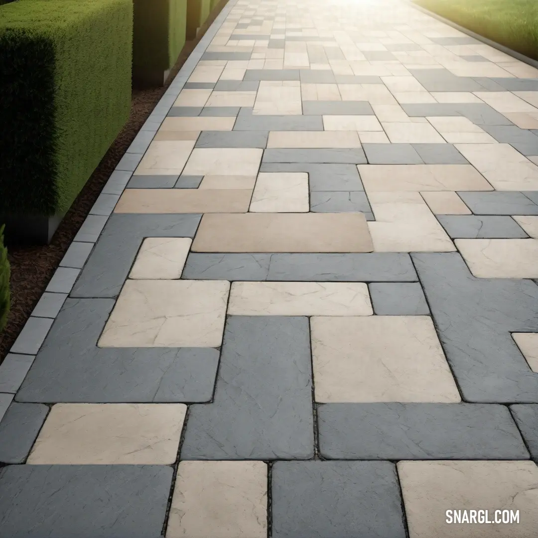 Walkway with a row of hedges and a bench in the background. Example of NCS S 5500-N color.