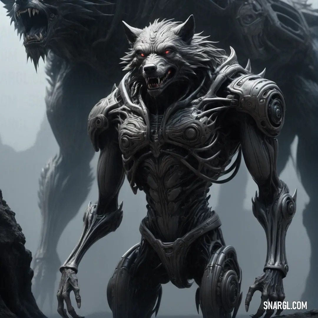 Creature with a large head and a large body of metal in front of a demon like creature. Color #5B5F61.