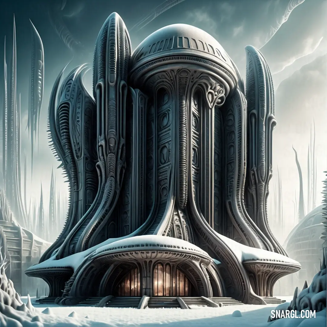 Futuristic building with a giant entrance in the middle of a snowy landscape with trees and bushes on the ground