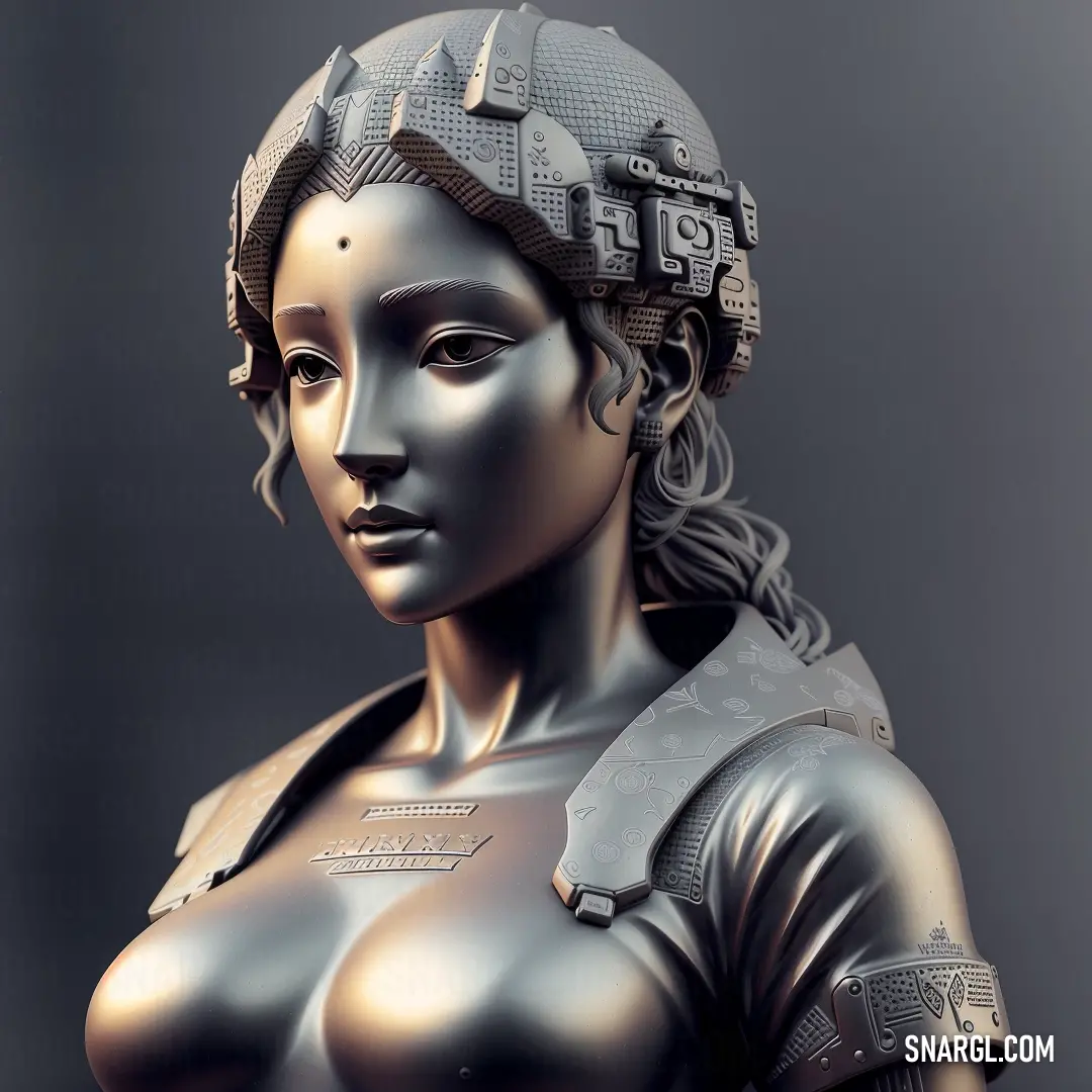 Statue of a woman with a helmet on her head and a gun in her hand, with a black background. Color NCS S 5502-B.