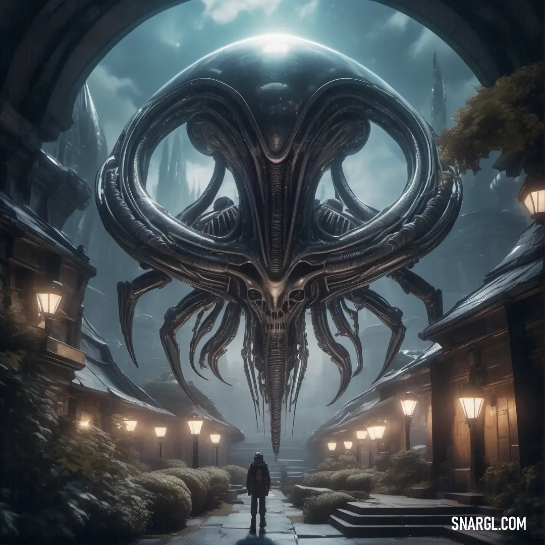 Man standing in front of a giant alien like creature in a futuristic city at night