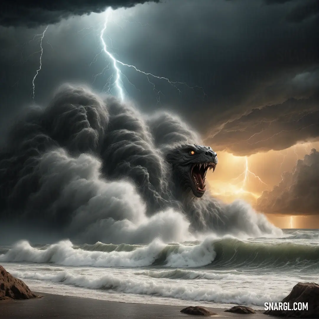 Godzilla is in the middle of a storm with lightning in the background. Color NCS S 5502-R.