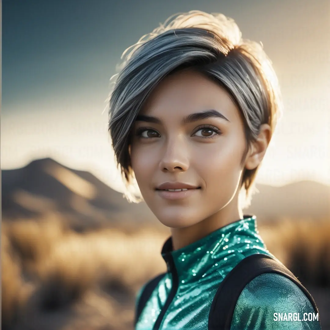 NCS S 5502-Y color. Woman with a short haircut and a green shirt on a desert plain with mountains in the background
