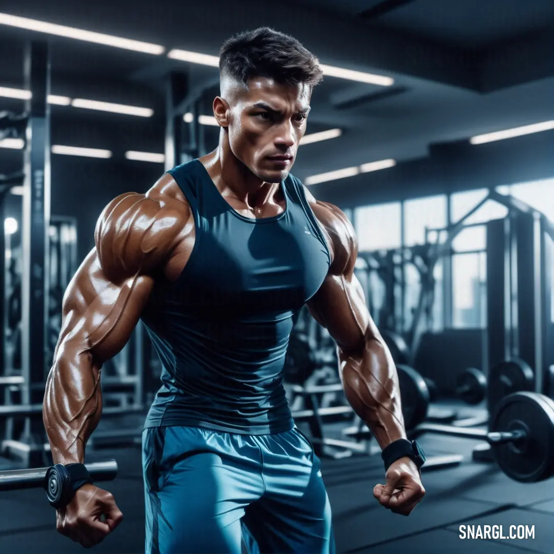 Man with a muscular body in a gym setting with a barbell in his hand. Color CMYK 100,5,0,80.