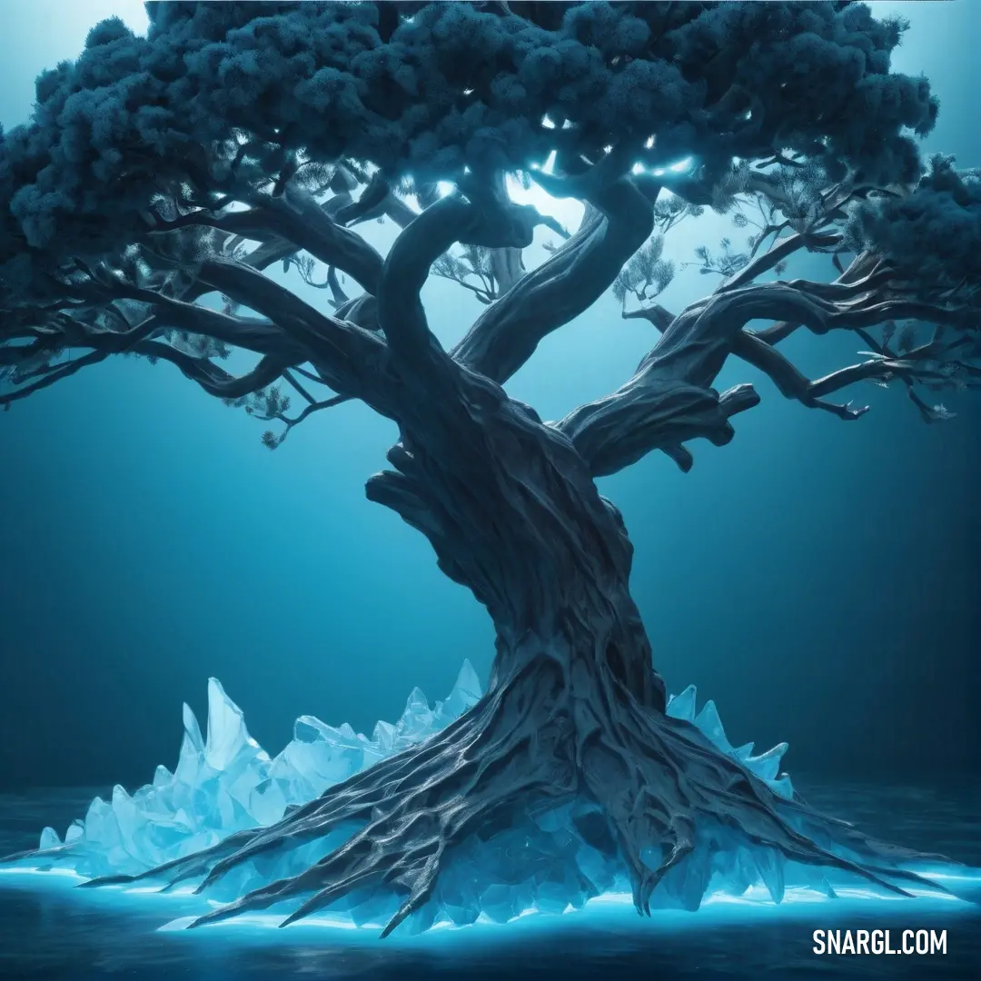 Tree with icebergs in the water under the water surface, with a blue background. Example of RGB 0,45,64 color.