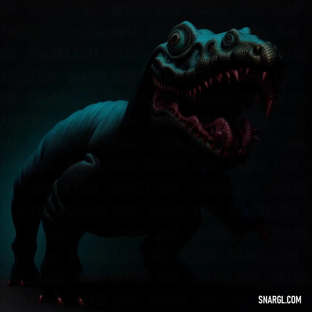 Dinosaur with its mouth open and it's teeth wide open in the dark. Example of RGB 0,58,70 color.