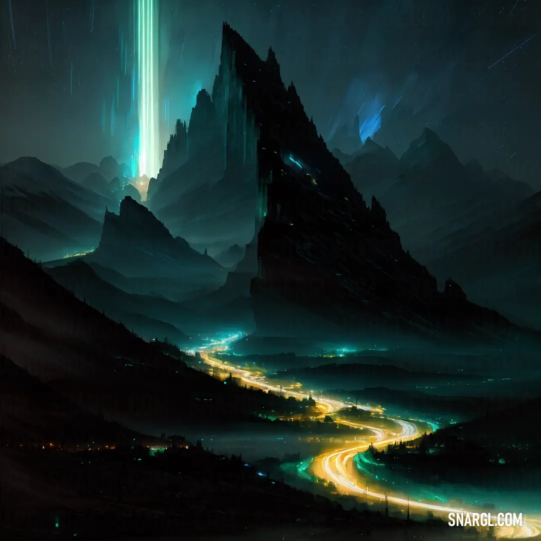 NCS S 5540-B10G color. Painting of a mountain with a road going through it and a light trail going through it in the distance