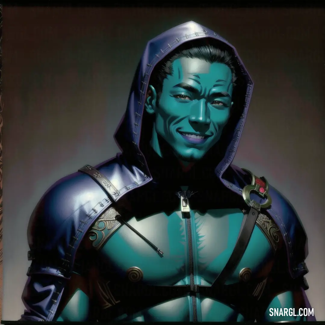 Man in a blue costume with a hood on and a green face and chest is smiling at the camera. Example of NCS S 5540-B20G color.