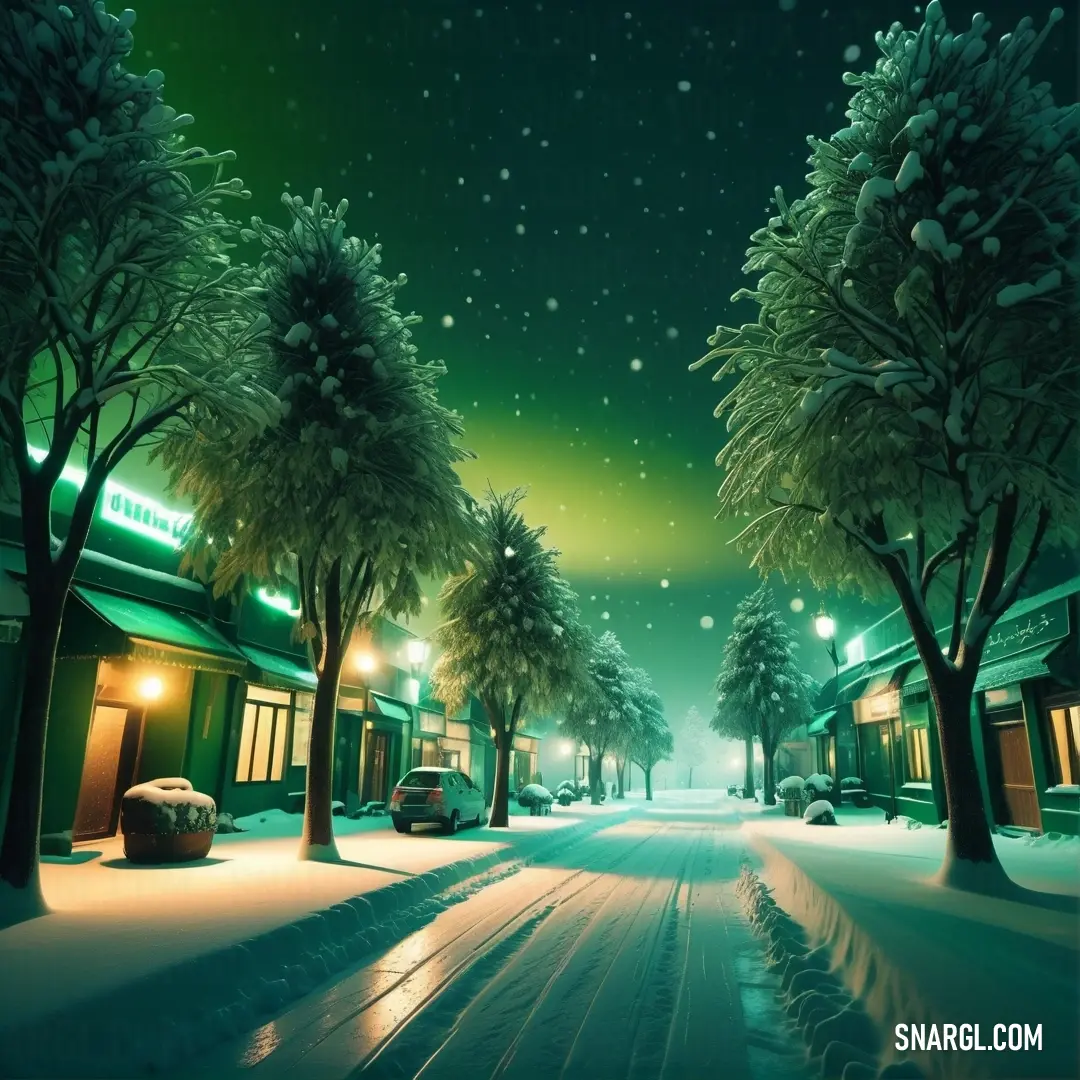 Snowy street with a green lit building and trees on both sides of the street. Color #004345.