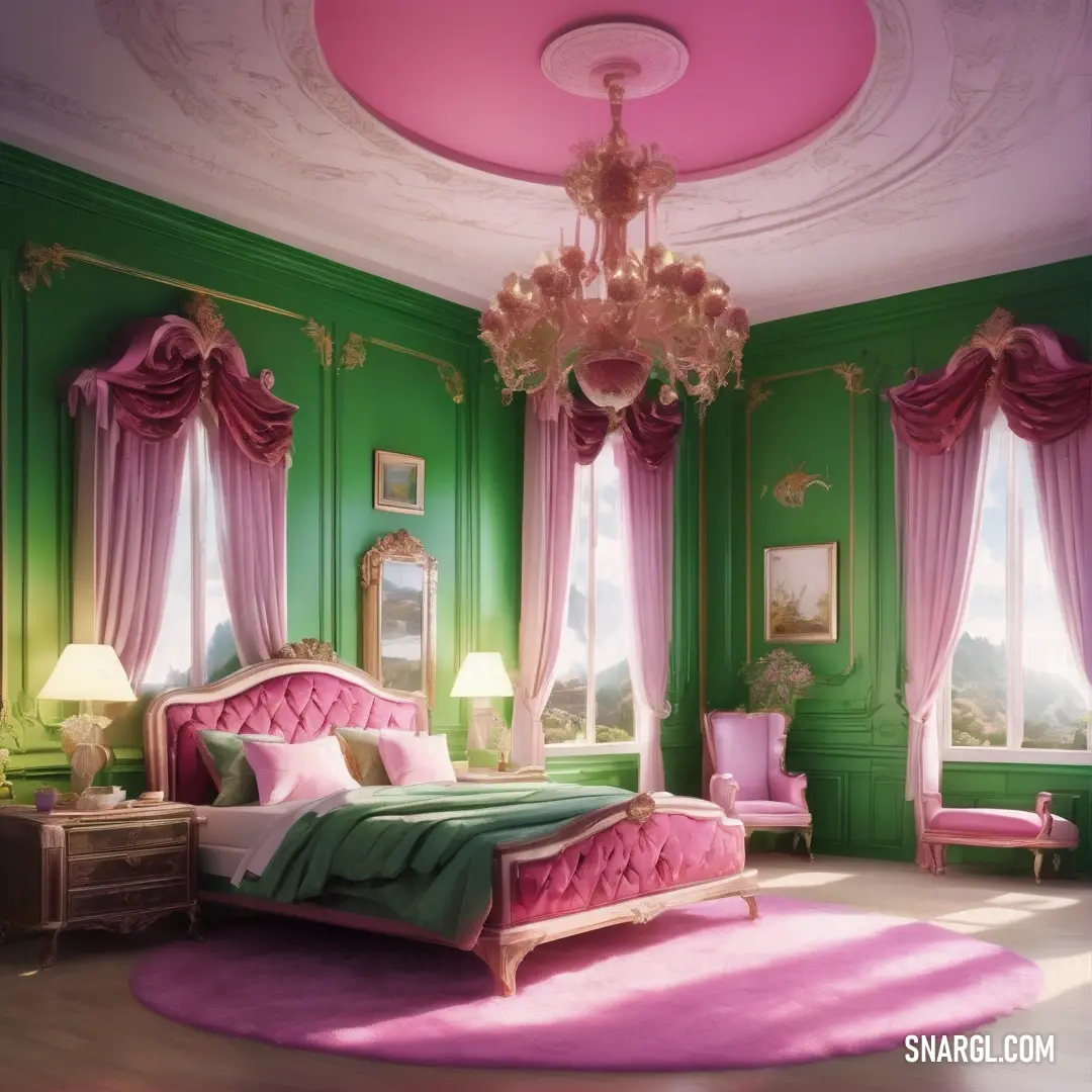 Bedroom with a pink and green theme and a chandelier and a bed with pink sheets and pillows. Color NCS S 5540-G.