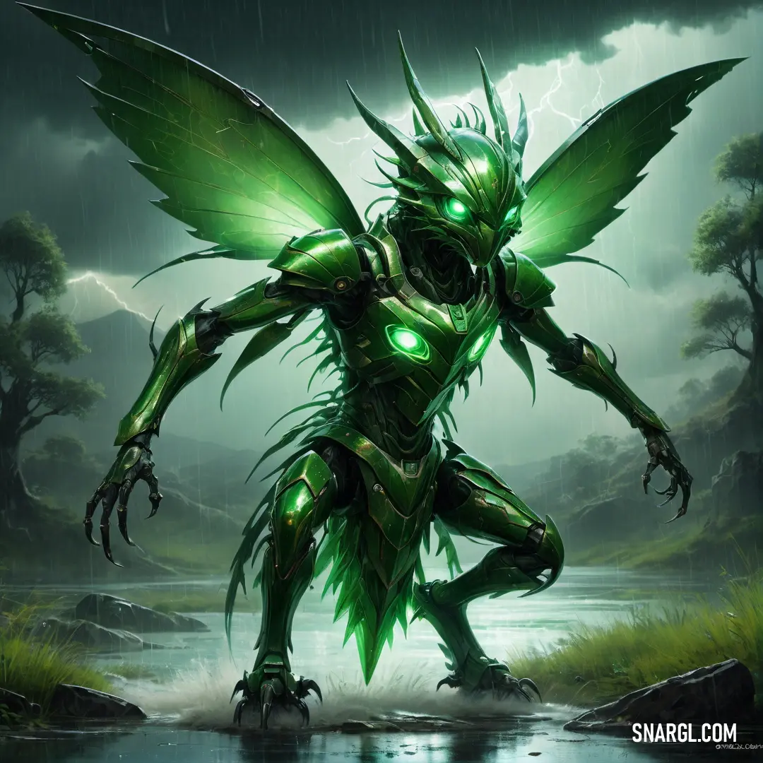 NCS S 5540-G color. Green creature with glowing eyes and wings standing in the rain by a lake with a lightning bolt in its mouth