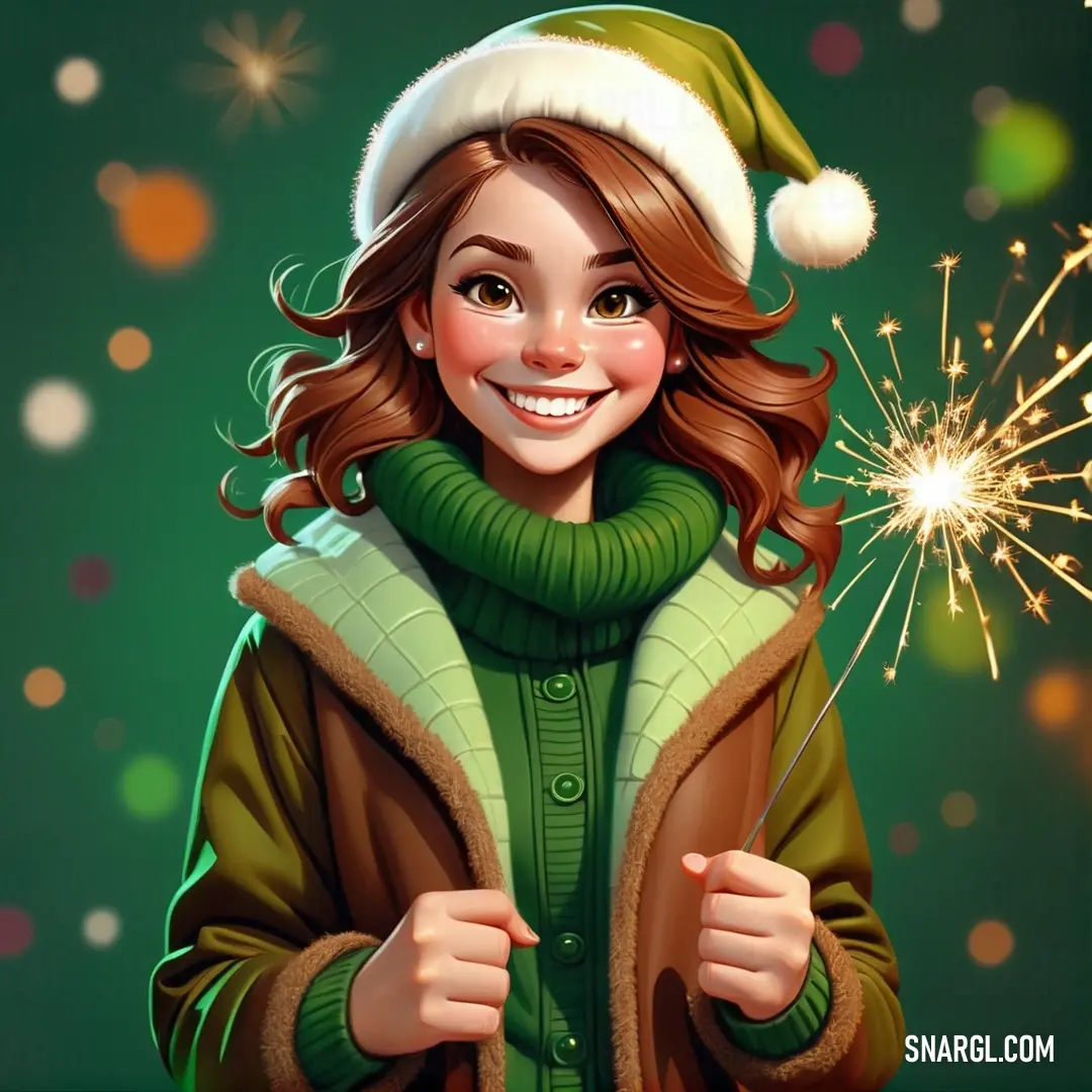 NCS S 5540-G color example: Woman wearing a santa hat and scarf holding a sparkler in her hand and smiling at the camera