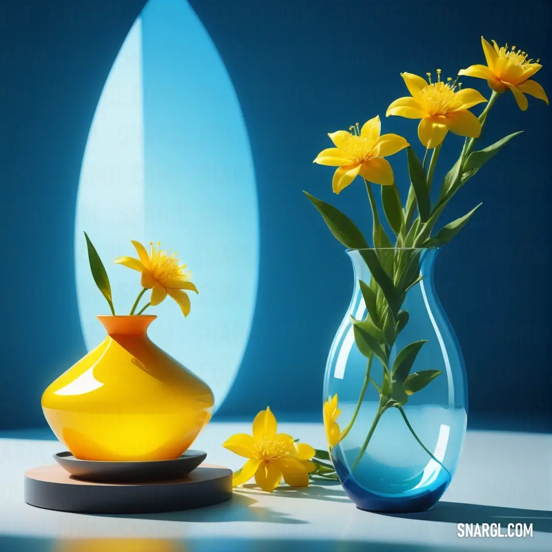 Vase with yellow flowers and a blue vase with yellow flowers in it on a table. Color RGB 0,60,28.