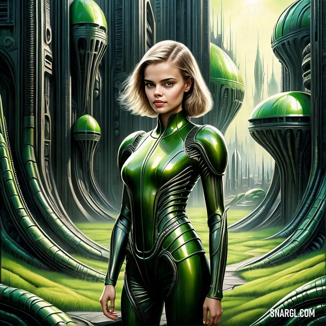 Woman in a futuristic suit standing in front of a green landscape with a giant alien like structure in the background