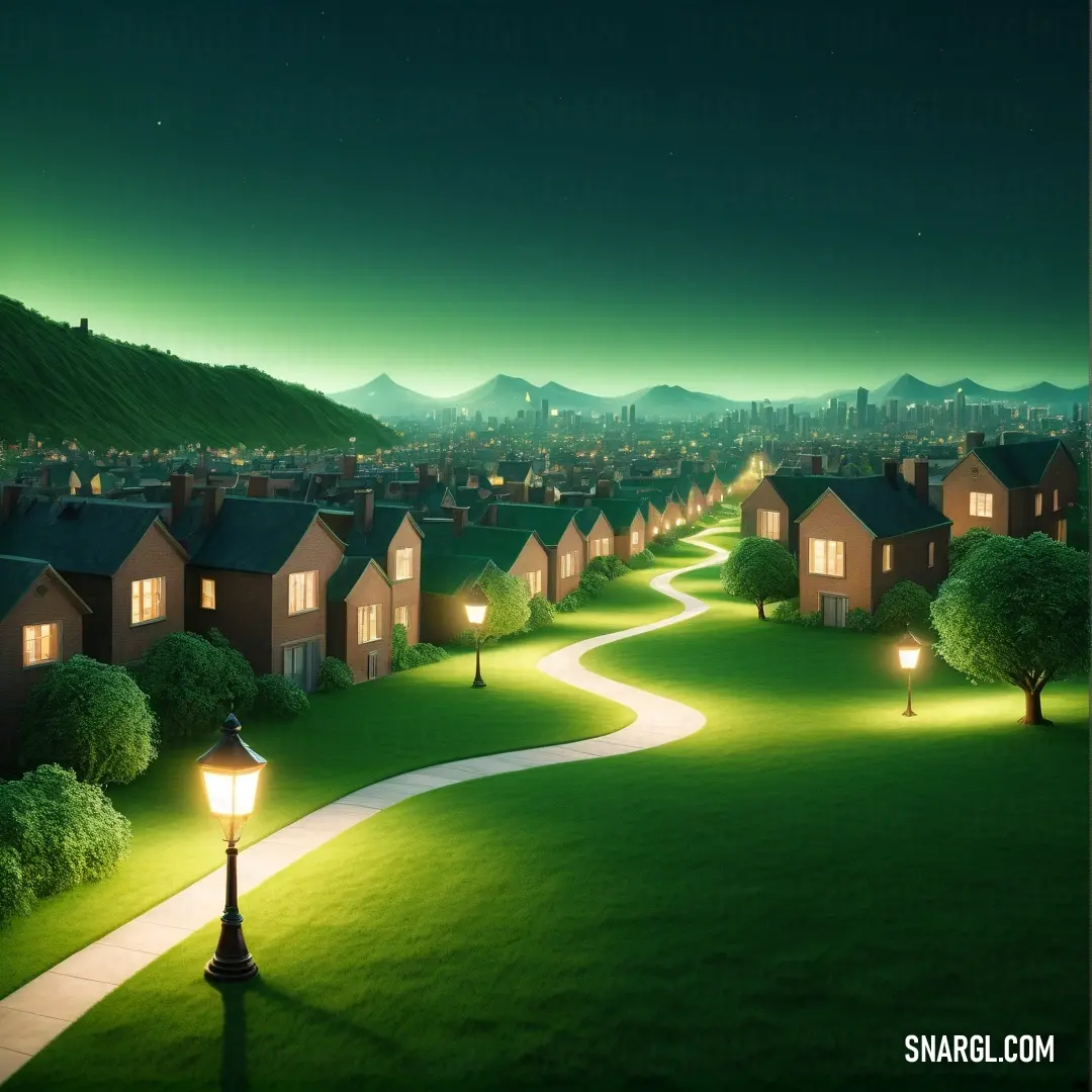 Night scene of a green city with a pathway leading to a street light and a green hillside. Color RGB 0,72,10.