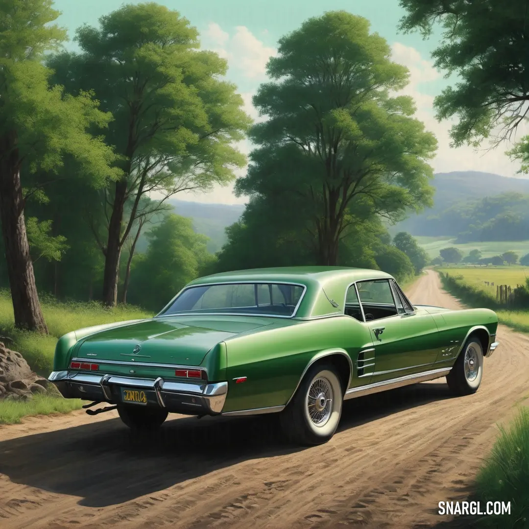 Painting of a green car driving down a dirt road in a wooded area with trees. Color CMYK 60,0,90,70.