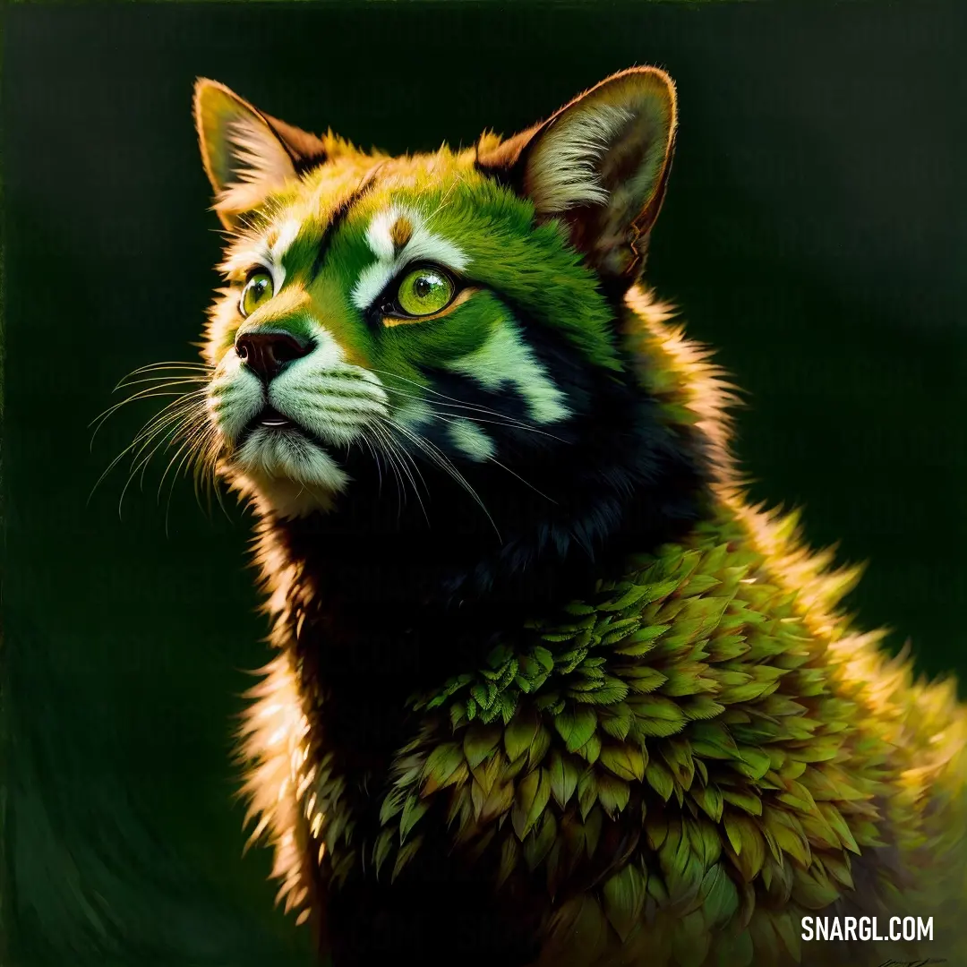 Painting of a green and yellow cat with a black background. Color CMYK 60,0,90,70.