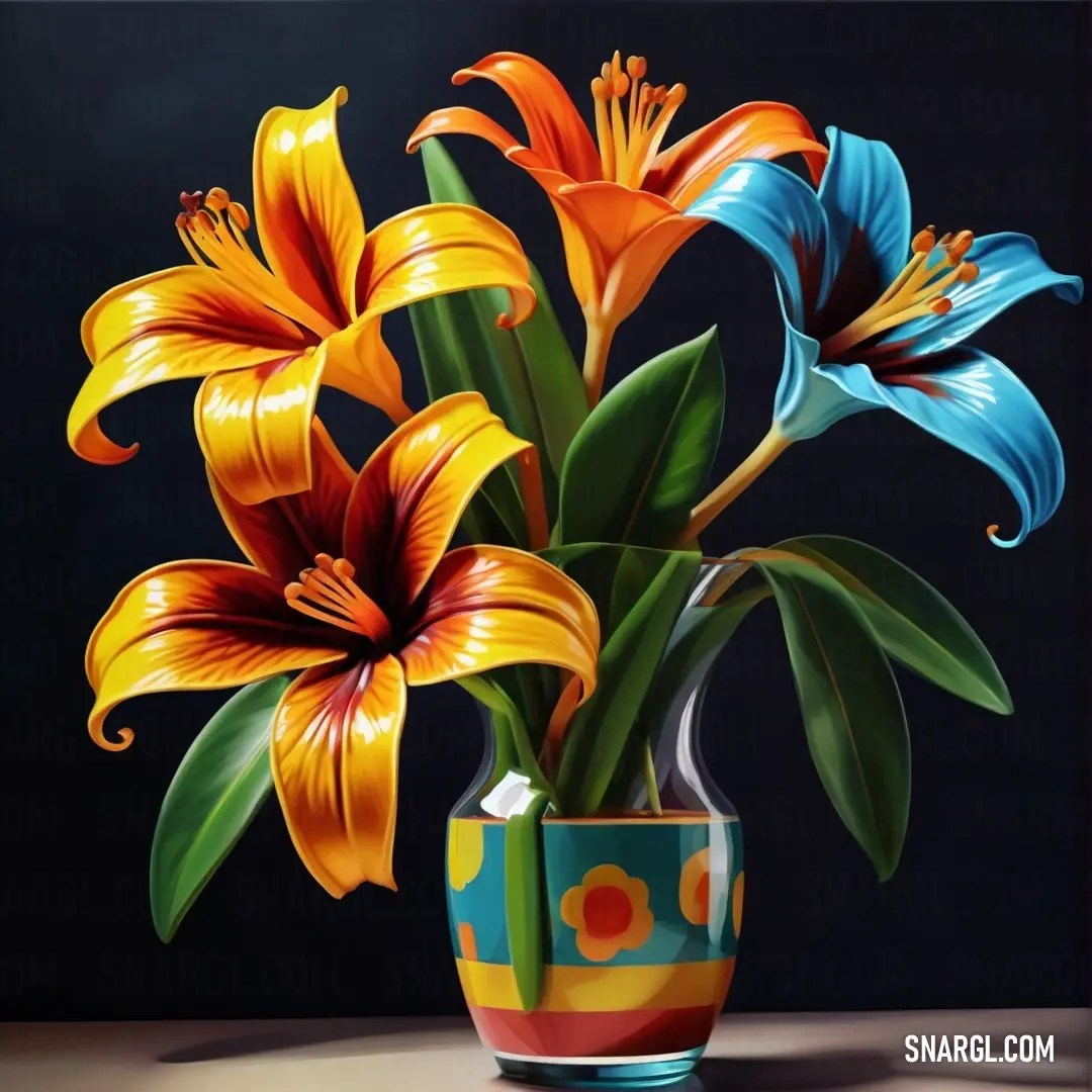 Painting of a vase with flowers in it on a table top with a black background. Example of CMYK 60,0,90,70 color.