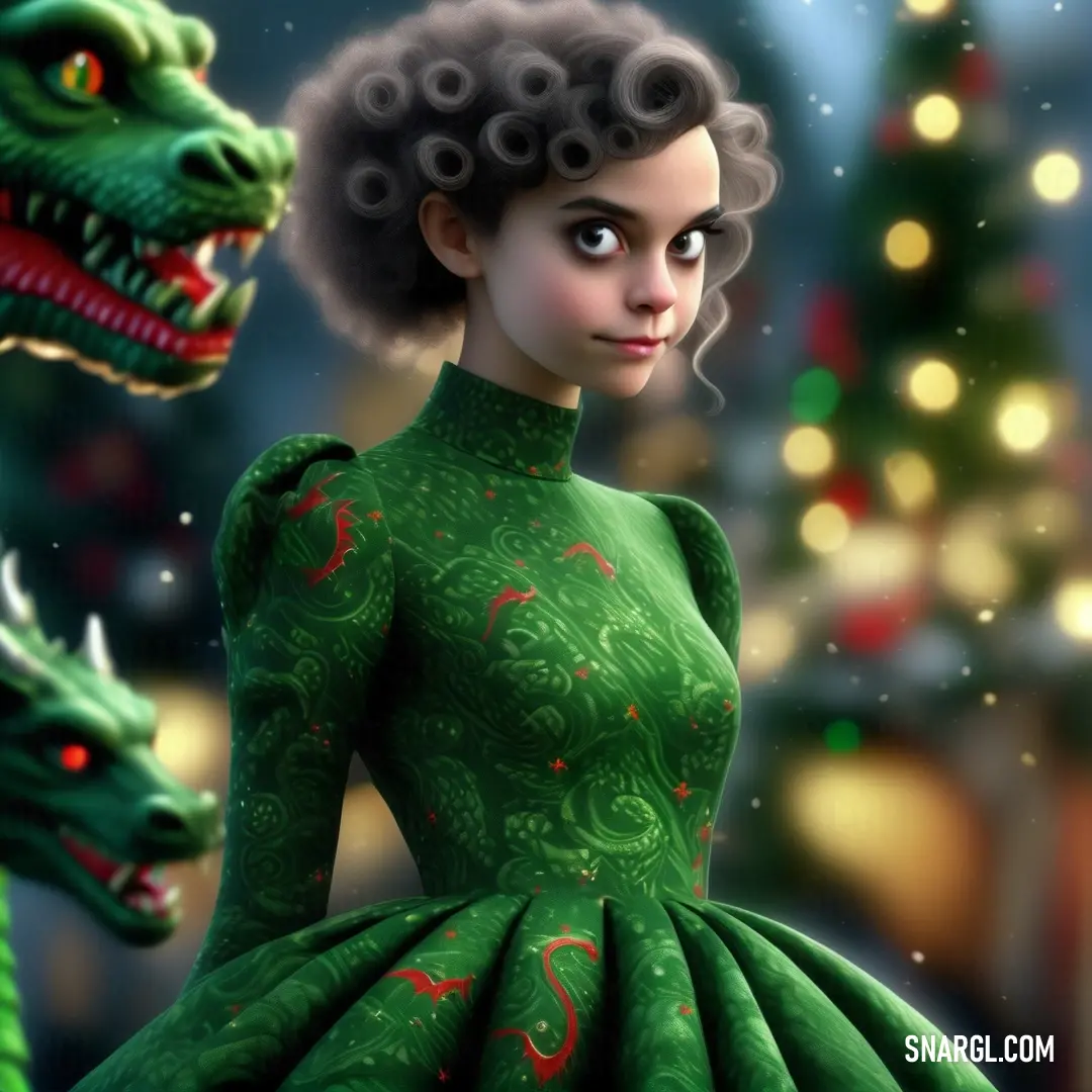 Woman in a green dress next to a green dragon in a christmas scene with a christmas tree and lights. Color CMYK 60,0,90,70.