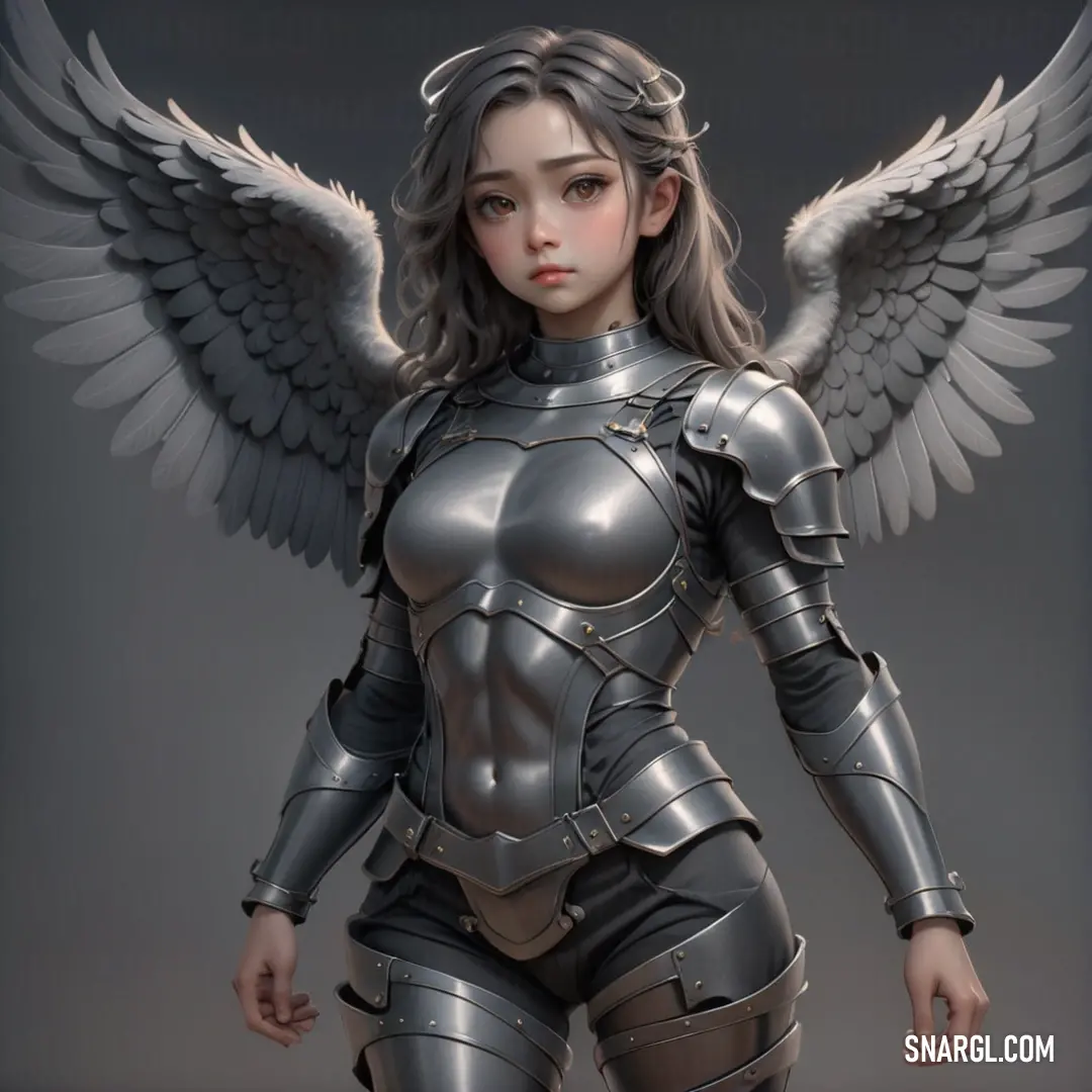 Woman in a futuristic suit with wings on her chest and chest, standing in front of a gray background. Example of #7A7977 color.