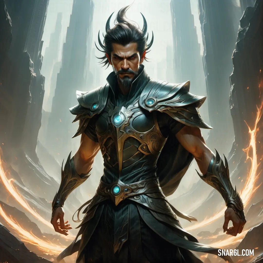 NCS S 6005-B80G color. Man with horns and a beard in a fantasy setting with flames around him and a huge demon like head