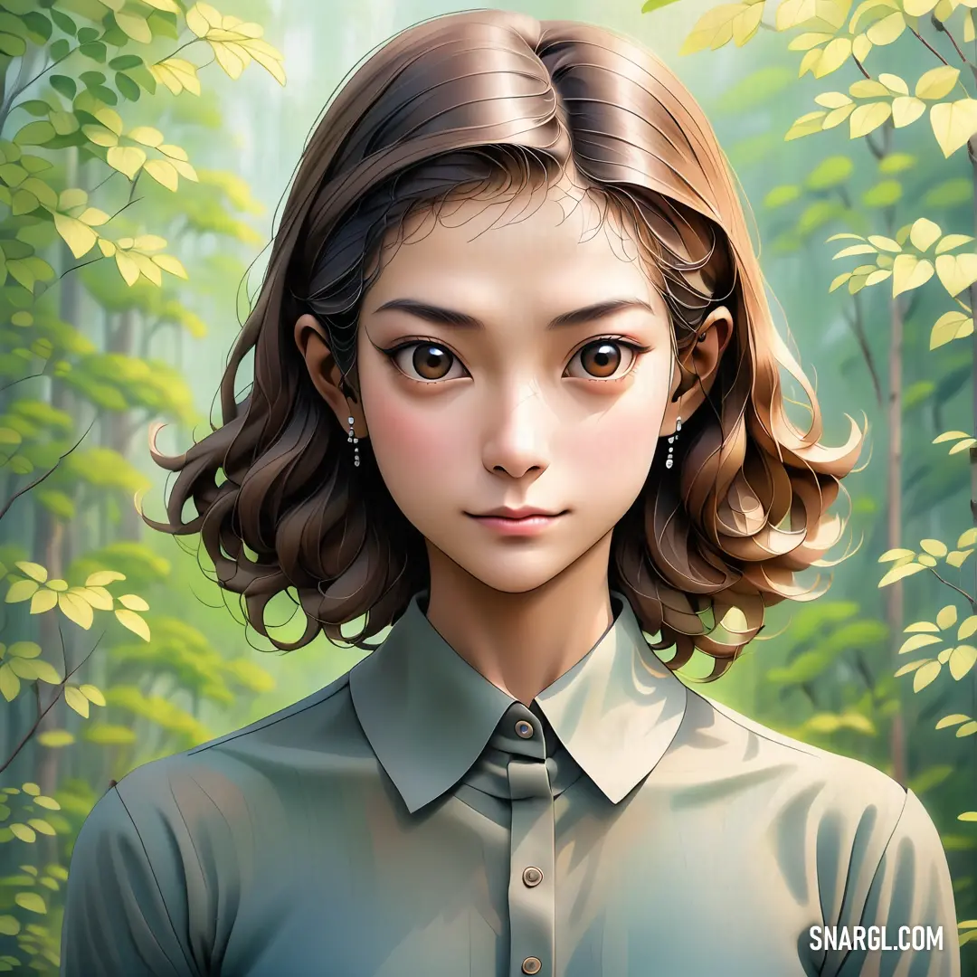 Painting of a woman in a green shirt in a forest with trees and leaves behind her is a digital painting. Color RGB 85,96,88.