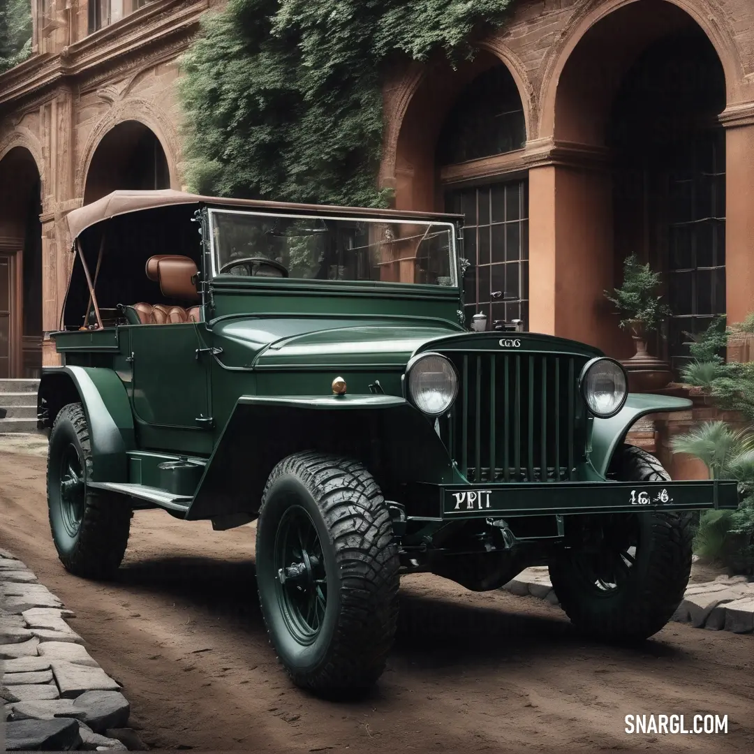 Green jeep parked in front of a building with a tree in the background. Color RGB 83,92,78.