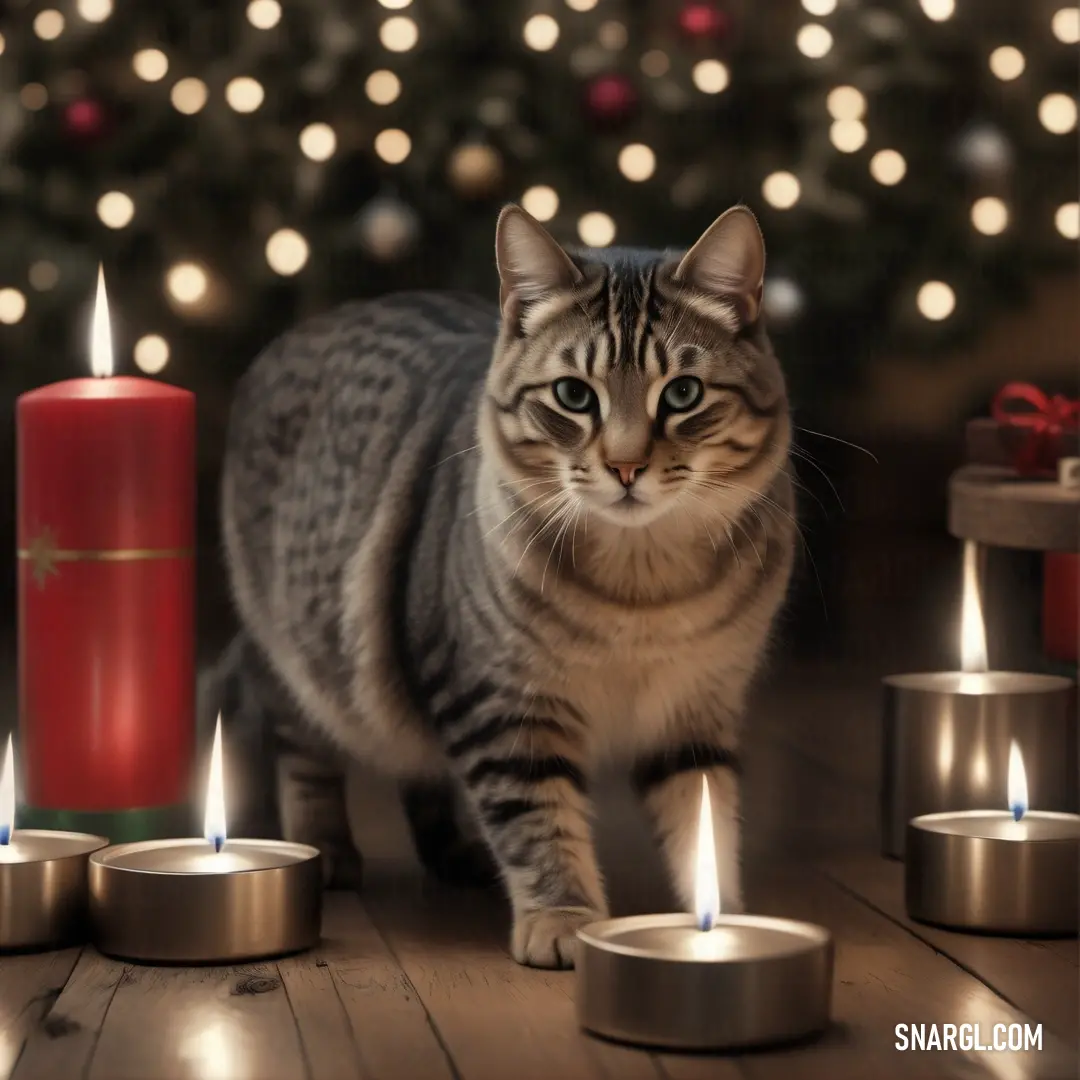 Cat walking next to a bunch of candles on a table with a christmas tree in the background. Color NCS S 6005-R20B.