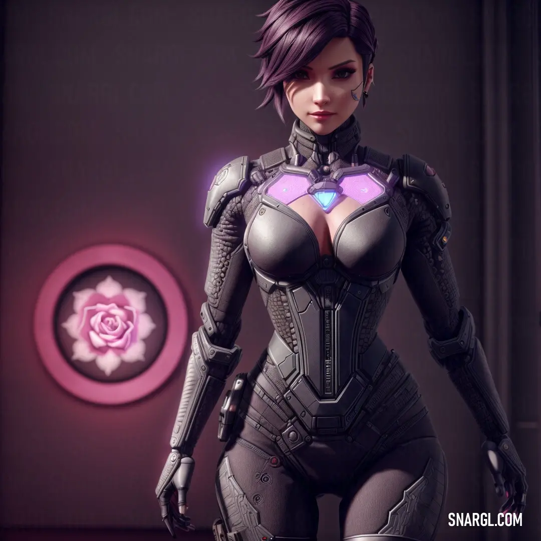 Woman in a futuristic suit standing in front of a pink rose in a room. Color NCS S 6005-R20B.