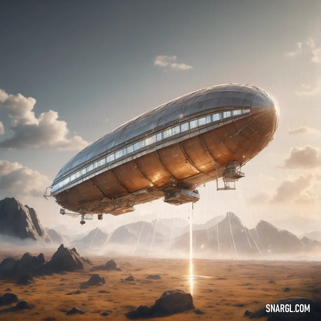 Large futuristic object floating in the air over a desert landscape. Color #5D595E.