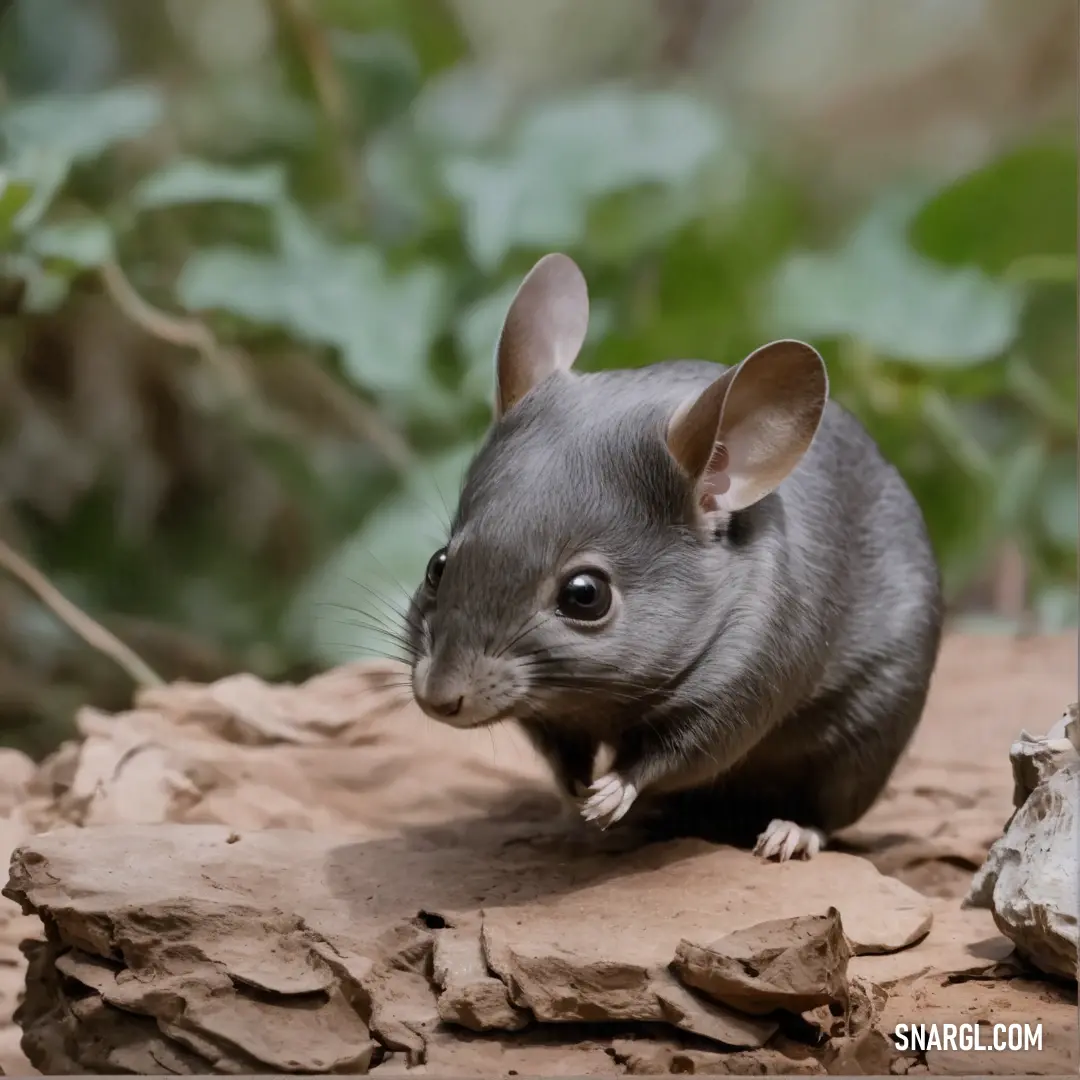 Small gray rat on top of a rock covered ground next to a tree branch and green leaves. Example of RGB 93,89,94 color.