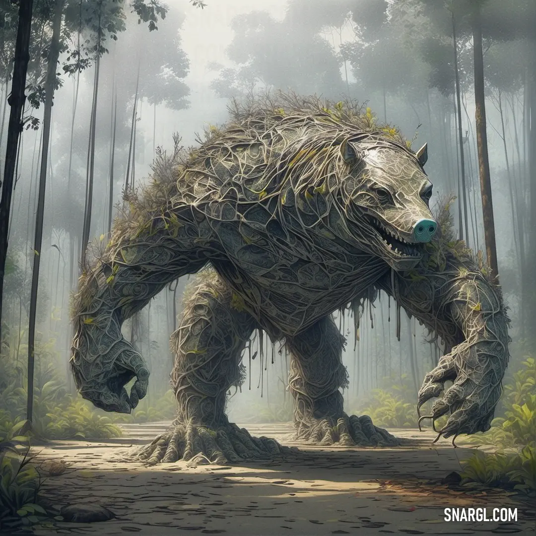 Giant creature in the middle of a forest with trees and bushes on it's sides and a face on its back. Color NCS S 6005-Y20R.