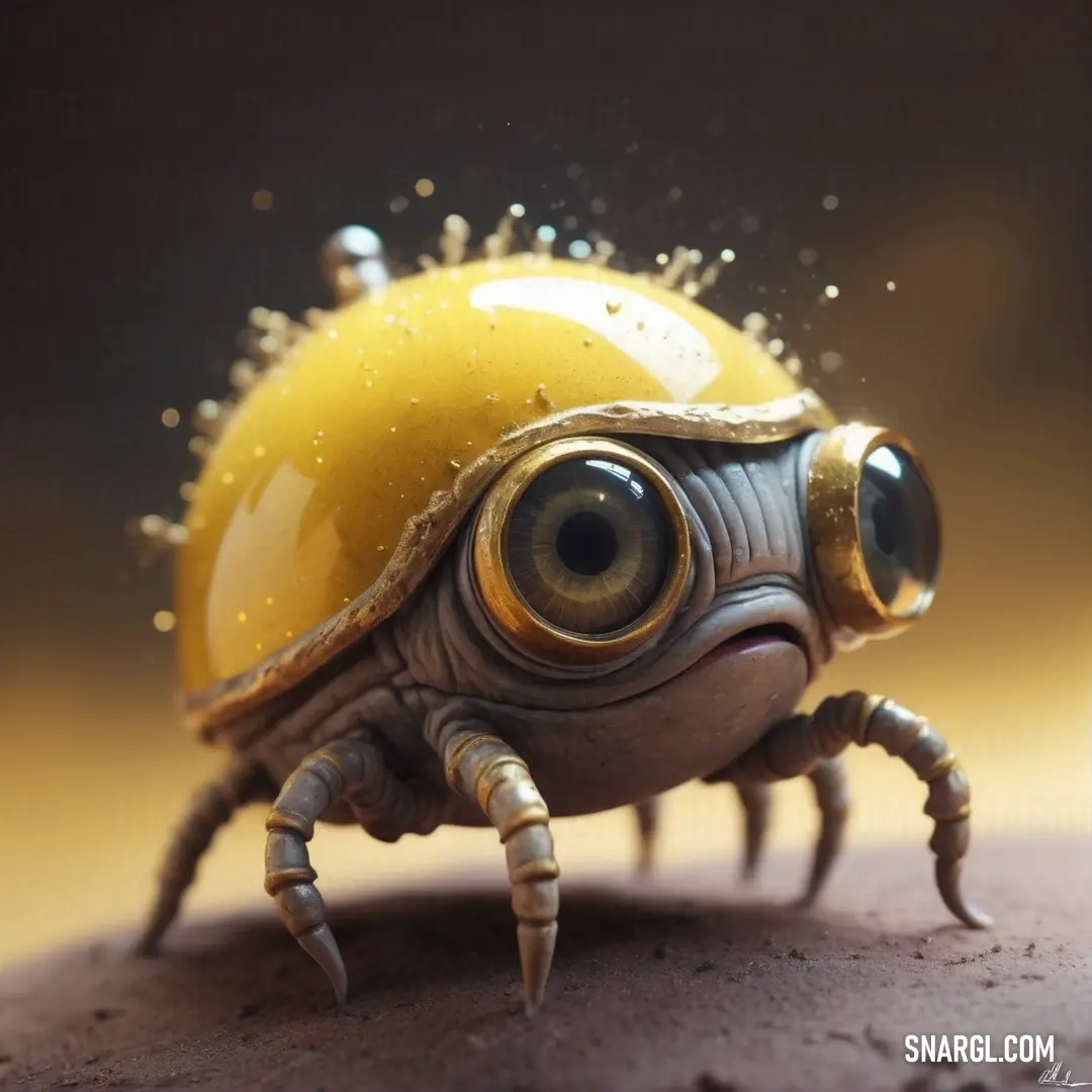 NCS S 6005-Y20R color example: Small toy crab with a yellow helmet on its head and eyes, with a yellow ball in the background