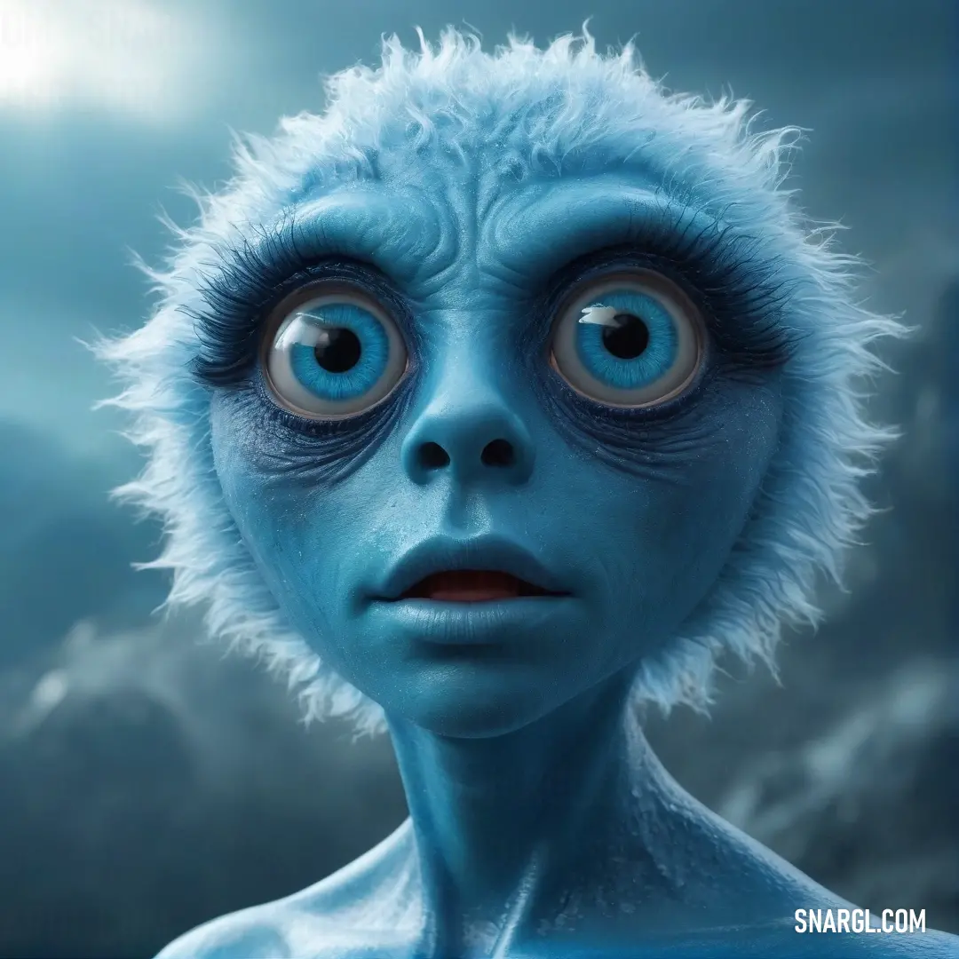 A blue alien with oversized eyes, radiating curiosity and wonder, stands against a moody sky that enhances its captivating features. Its unique look invites viewers to ponder the mysteries of the universe and the adventures it may hold.