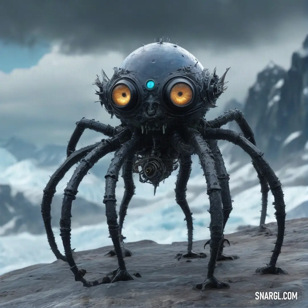 A majestic giant spider with glowing eyes looms gracefully atop a rock, framed by the breathtaking beauty of snow-capped mountains. Its enigmatic presence invites a closer look, hinting at the fascination of nature's wonders spread wide before it.