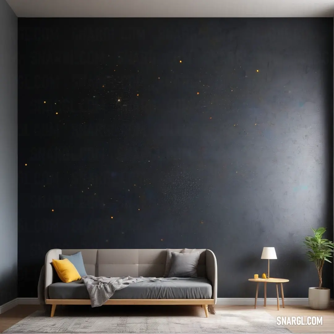 A cozy living room scene unfolds with a plush couch, a decorative wall adorned with stars, and a warm lamp perched on a side table - inviting a sense of comfort and relaxation.