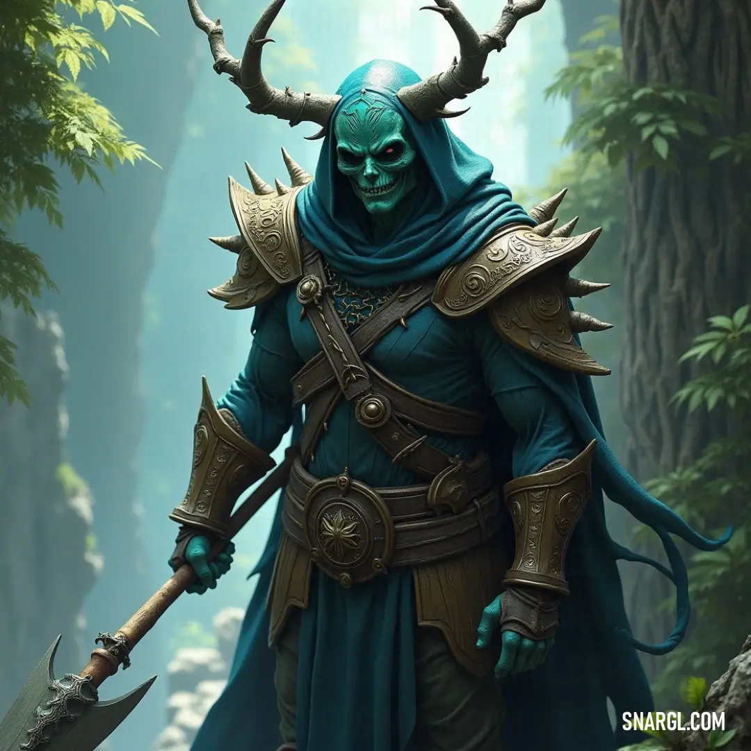 A robust man clad in a striking blue outfit stands confidently in a forest, brandishing a large horned axe. The natural backdrop of trees and rocks adds to the enigmatic atmosphere, hinting at adventure and exploration.