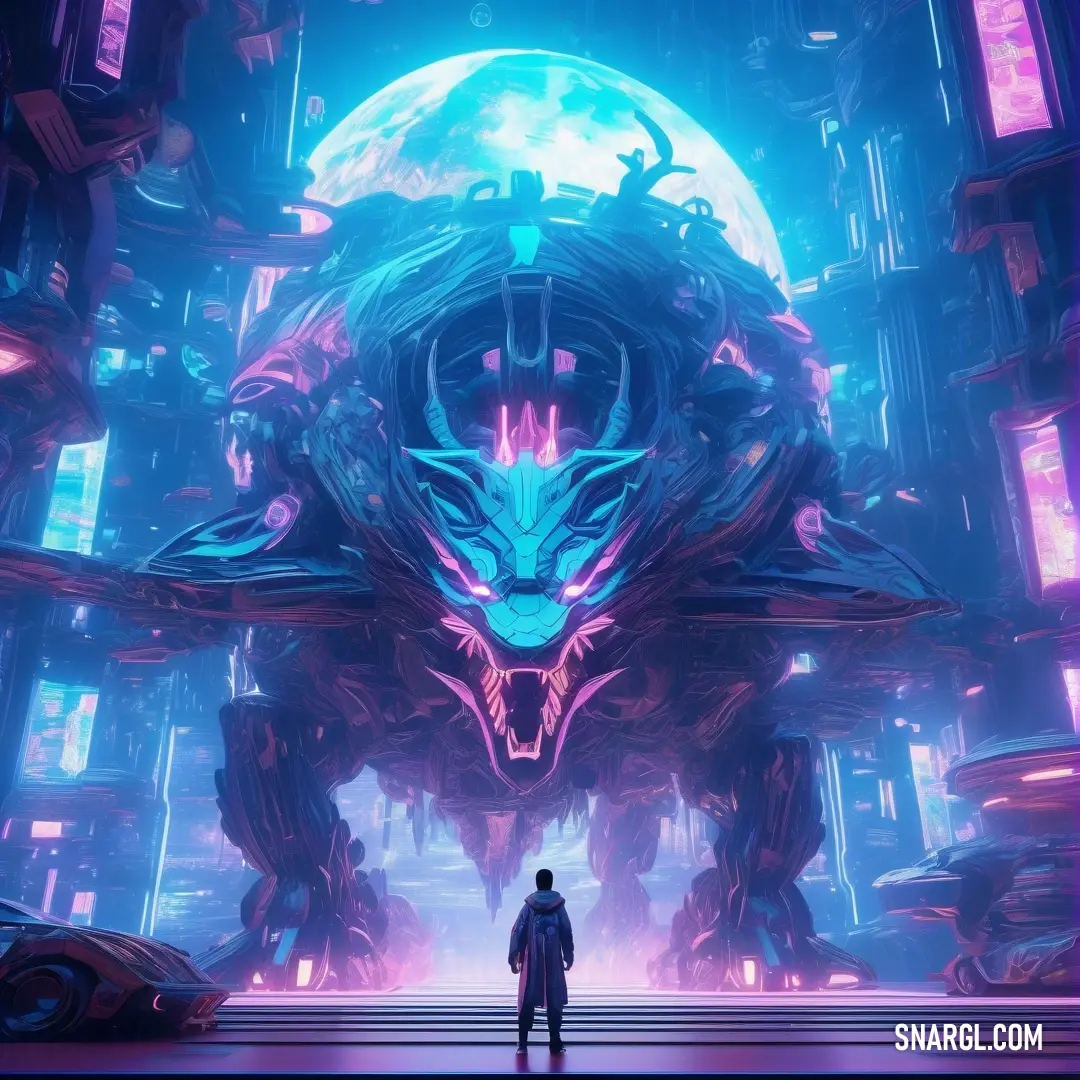 A man stands in awe before a massive alien creature in a futuristic cityscape at night, the surrounding neon lights and shadows creating a striking contrast against the muted RGB 100,89,83 hues that dominate the scene.