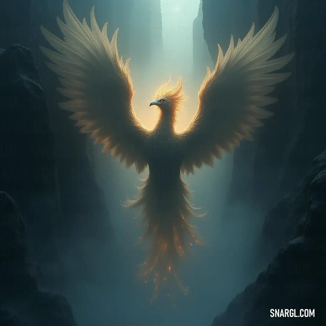 A majestic bird with expansive, glowing wings stands proudly within a cave, emanating an ethereal light that dances off the stone walls. This captivating creature, with feathers delicately painted in shades of captivating color, represents both mystery an