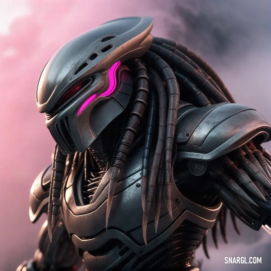 A striking close-up captures a robot's detailed face with a soft pink light glowing beneath a backdrop of a moody, cloudy sky, creating an atmosphere of mystery and technological allure.