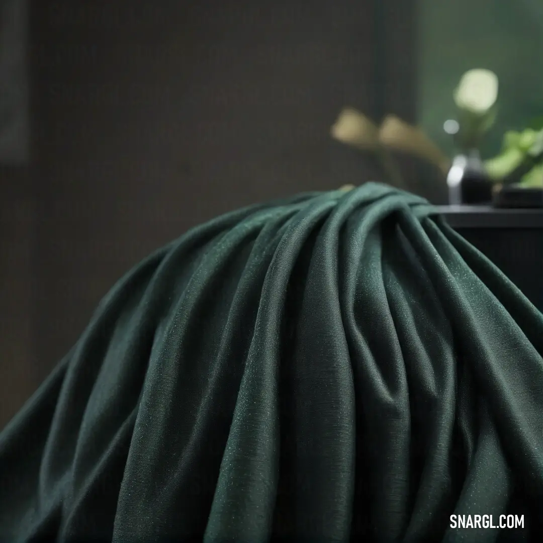 A green blanket elegantly covers a sleek black box, while a delicate vase of vibrant flowers adds life to the setting. The scene exudes a soft charm, inviting viewers to appreciate the harmonious blend of simplicity and beauty within this tranquil composi