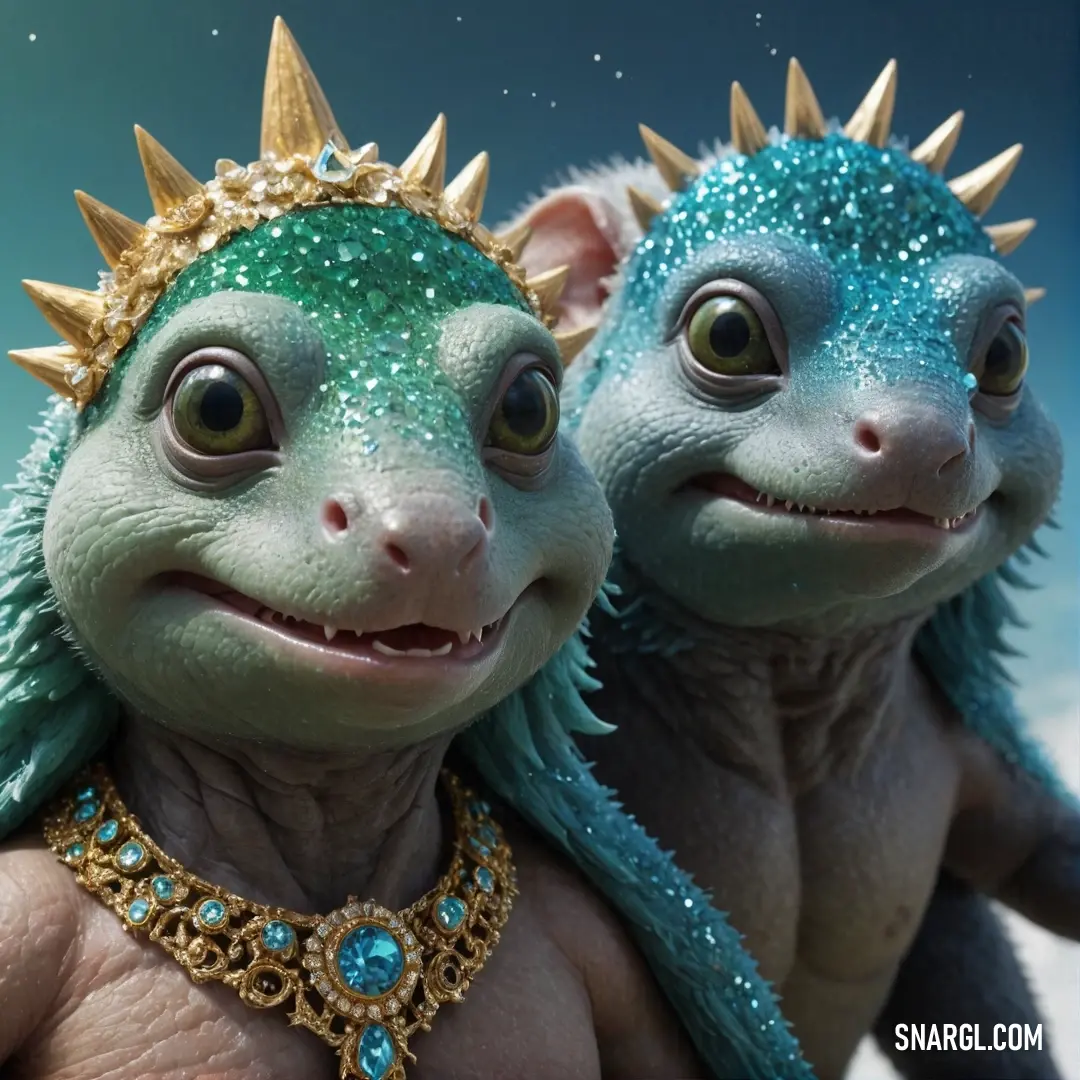 Two diminutive lizards with majestic golden spikes atop their heads showcase a dazzling blue hue, lounging under a sun-drenched sky. Their playful demeanor hints at a world filled with vivid colors and vibrant life.