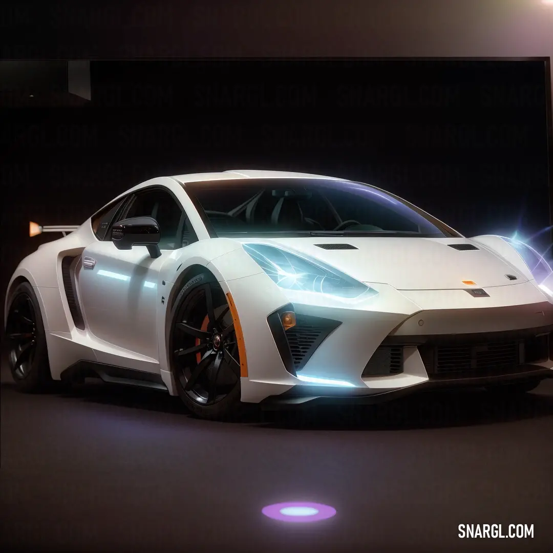 A sleek white sports car is showcased in a dark room, its gleaming surface highlighted by a focused light that contrasts sharply against the dark backdrop, evoking a sense of elegance and power in NCS S 6005-Y50R hues.