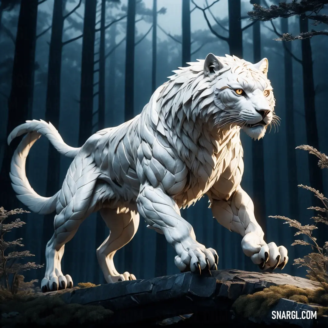 A majestic white tiger perches atop a rock in a lush forest, its fur gleaming in the natural light while the green and earthy tones of NCS S 6005-Y50R evoke the beauty of the untamed wilderness.